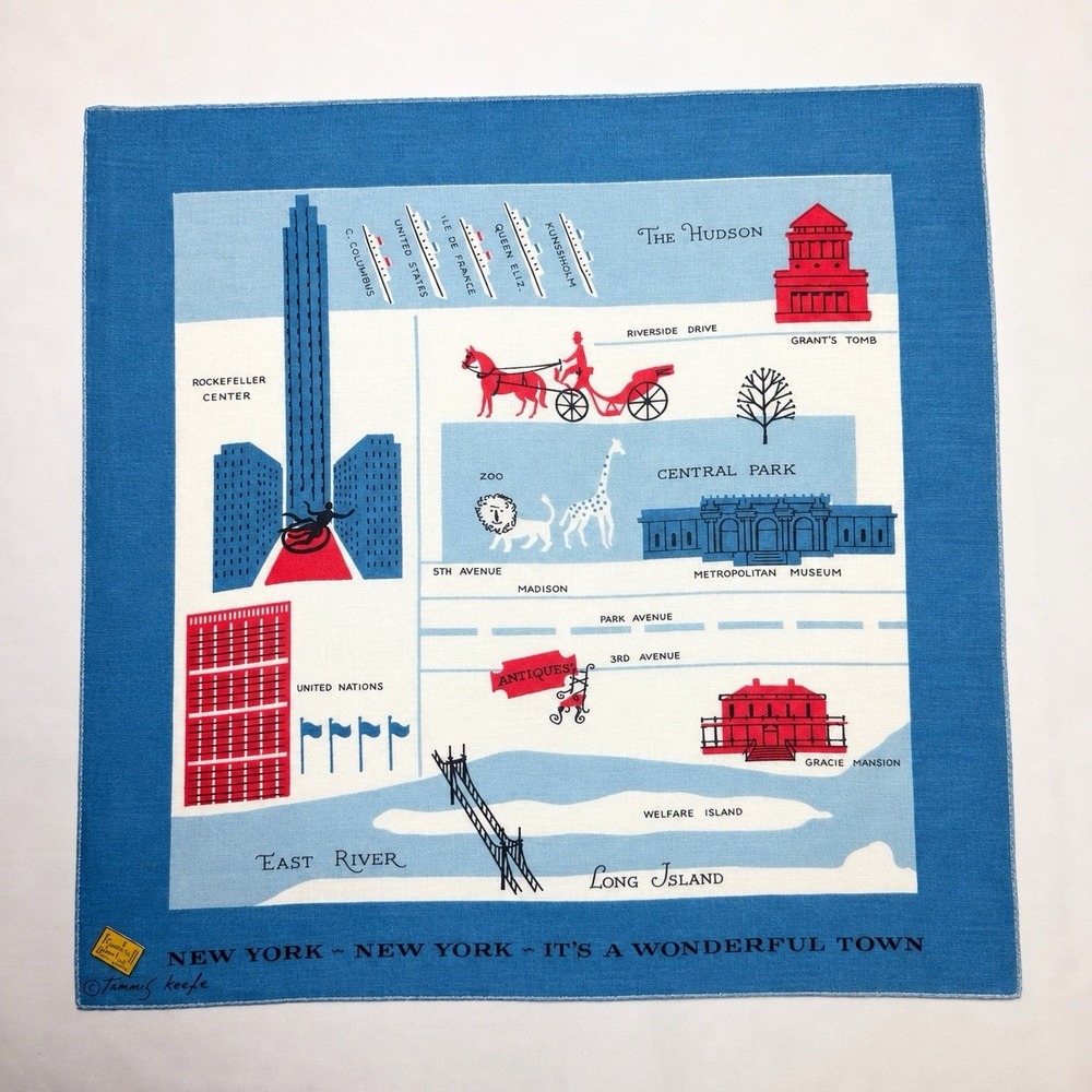 Vintage Tammis Keefe New York City Wonderful Town Hankie Handkerchief MCM Map